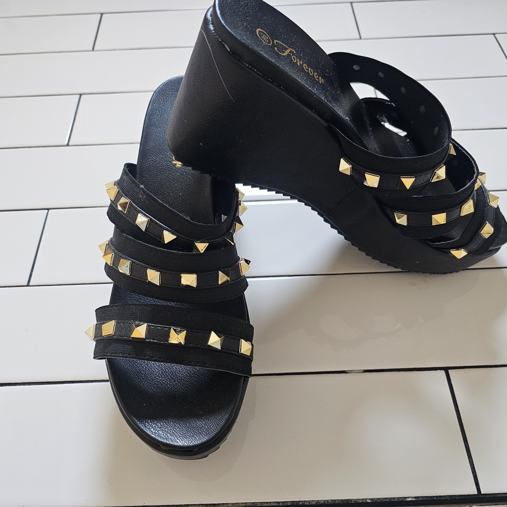 Black Wedge Sandals with Gold Studs